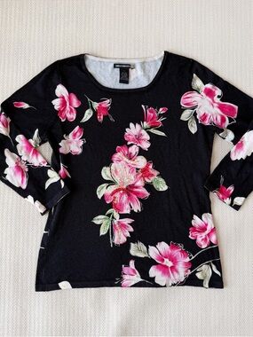 Silk Y2K Black Funky Print Floral Sequin Sparkly 3/4 Sleeve Long Sleeve Top